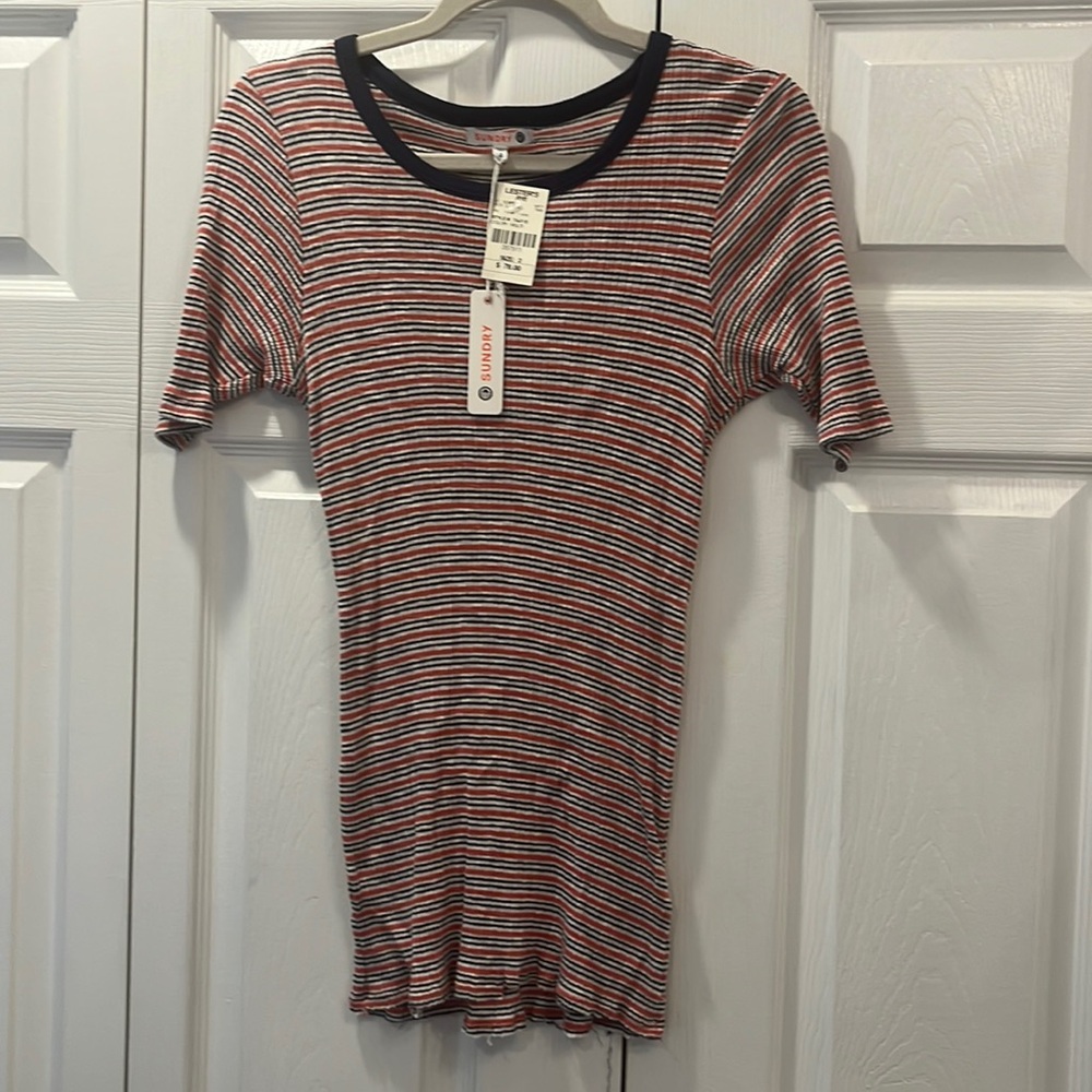 Tshirt. Dark orange, blue and white. Brand new with tags